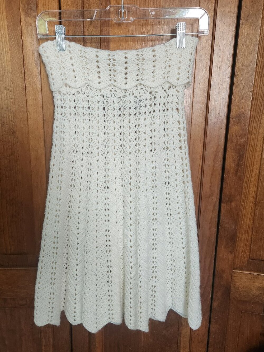 Lord & Taylor Crochet Chevron Knit Midi Skirt Cream Ivory XS 25 Waist Boho Vtg